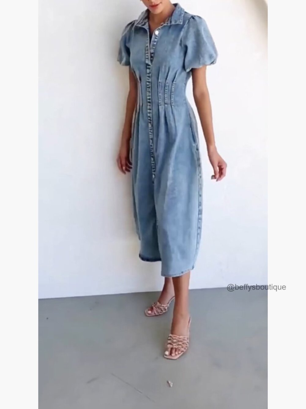 Women's Long Denim Dress Puff Sleeve Button Down Casual Slim Fit Midi Jean - Picture 7 of 7